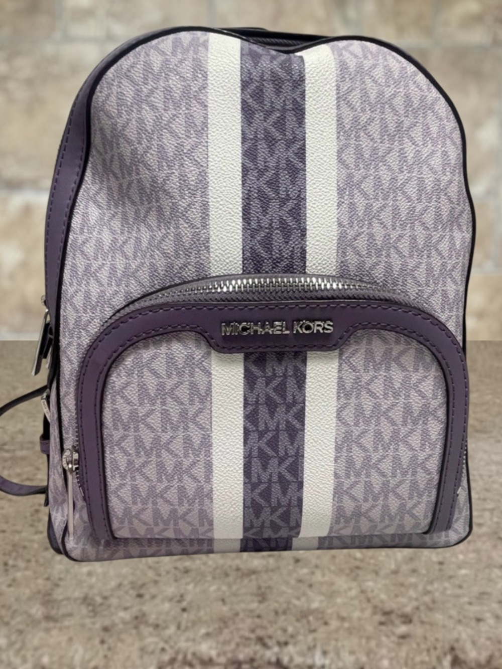 Michael Kors Jaycee Backpack MK Logo Purple & White Orchid Haze Center Stripe